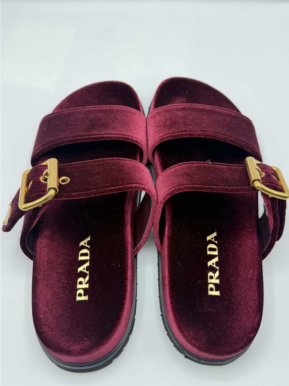 NIB Prada Dark Red Bordeaux Velvet Triangle Logo Dual Band Buckle Sandal Slides